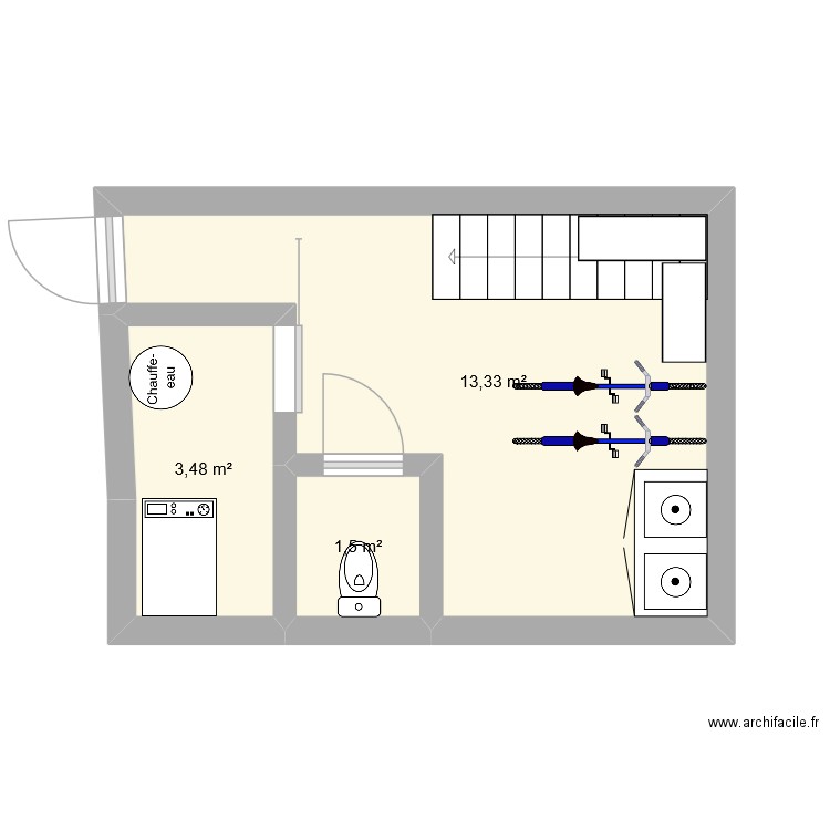 Buanderie - Suxy. Plan de 3 pièces et 18 m2