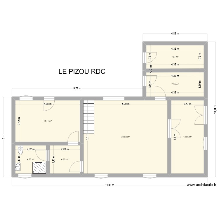 Le Pizou RDC. Plan de 7 pièces et 89 m2
