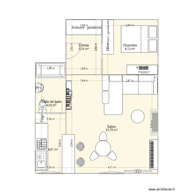 Apt carca. Plan de 5  et 46 m²