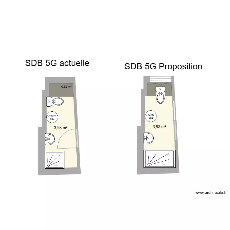 Plan actuel et ancien : SDB 5G. Plan de 2  et 8 m²
