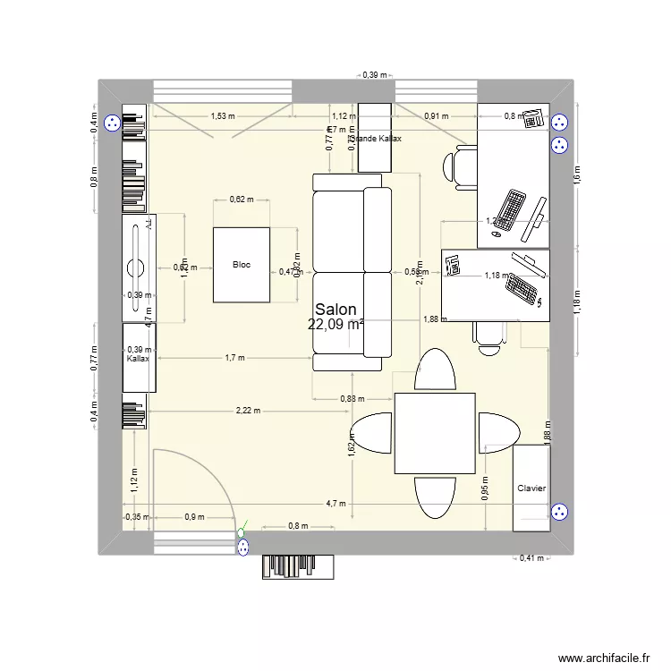 Salon 2. Plan de 1  et 22 m²