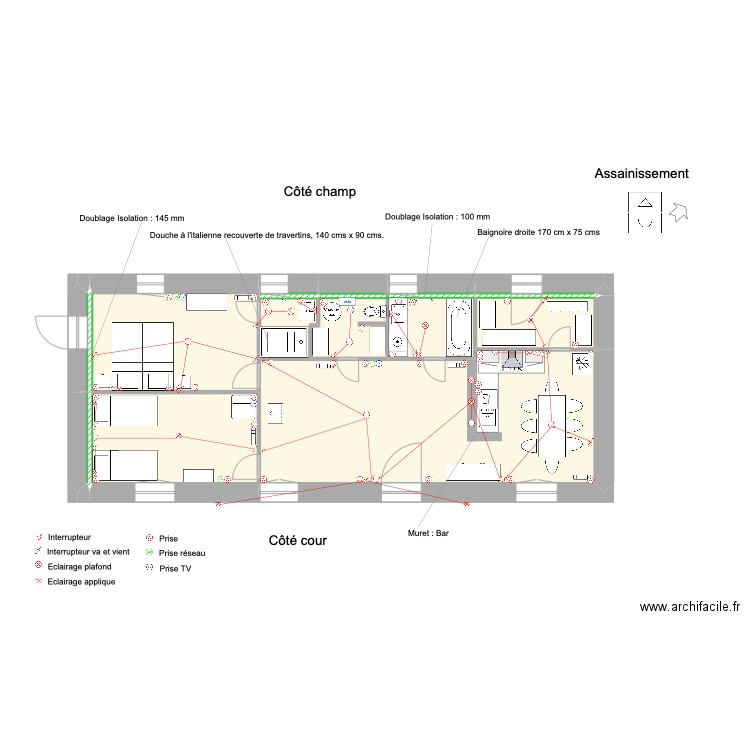 Extension Le Haras avec schéma électrique. Plan de 7 pièces et 77 m2