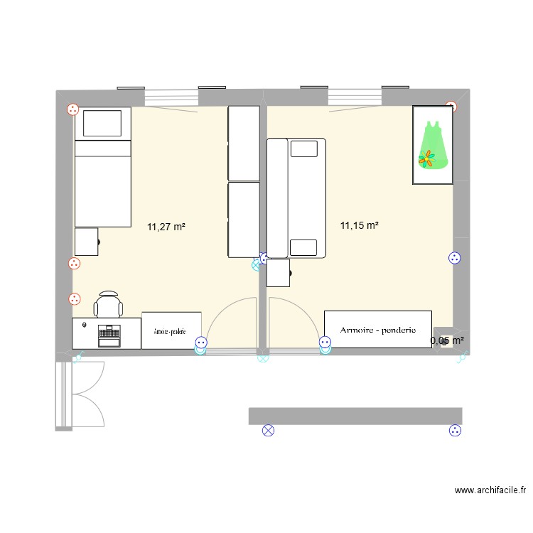Chambres sud adulte/lits superposés. Plan de 3 pièces et 22 m2