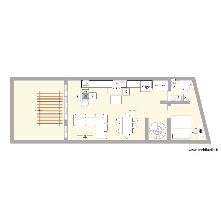 salon terrasse. Plan de 2 pièces et 75 m2
