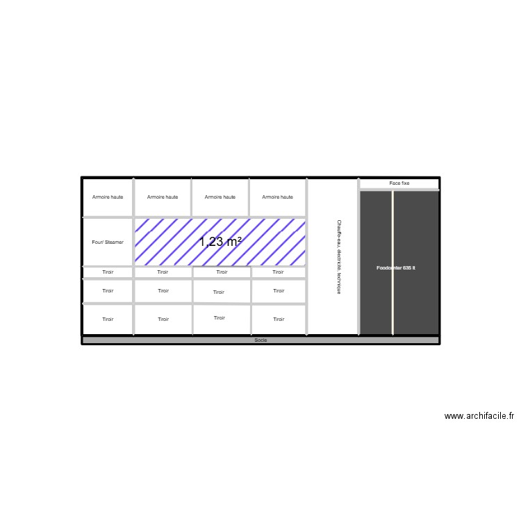 Cuisine Lacet stile Madita. Plan de 23 pièces et 8 m2