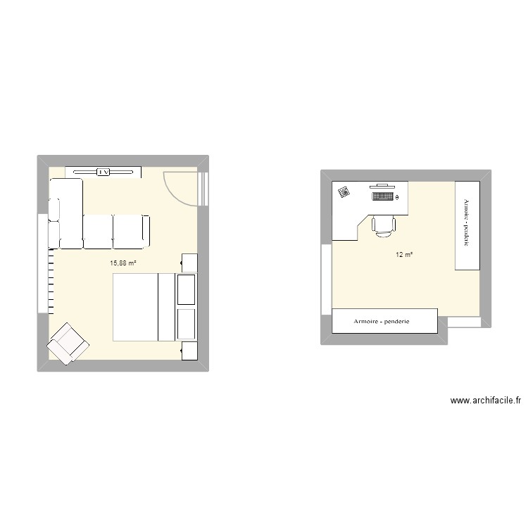 plan de ma chambre et de mon bureau. Plan de 2 pièces et 28 m2