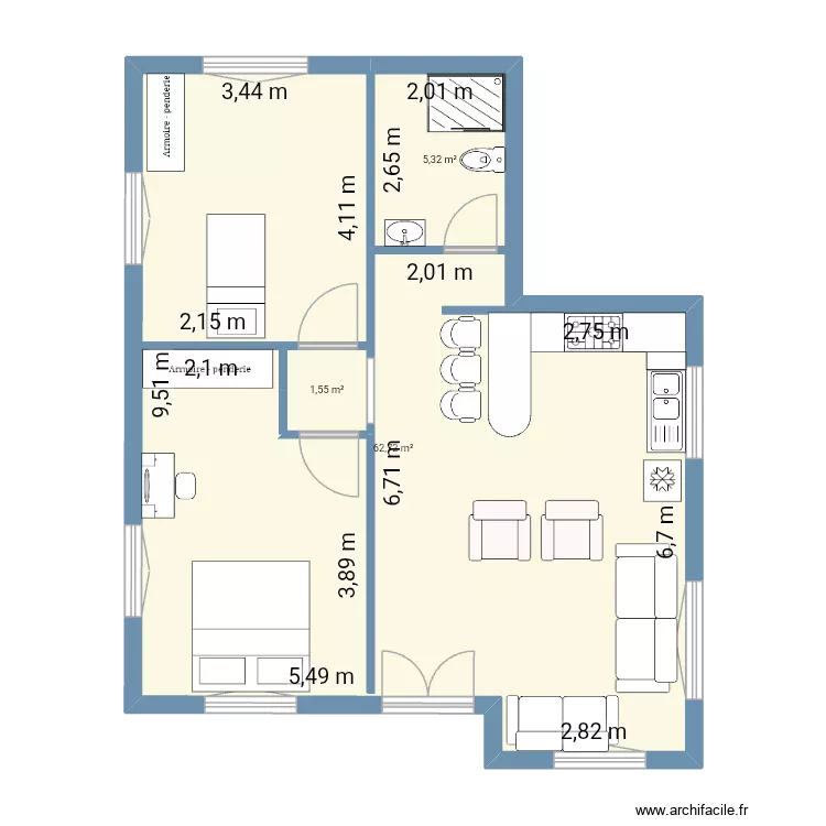 Apart. Rima. Plan de 3  et 70 m²