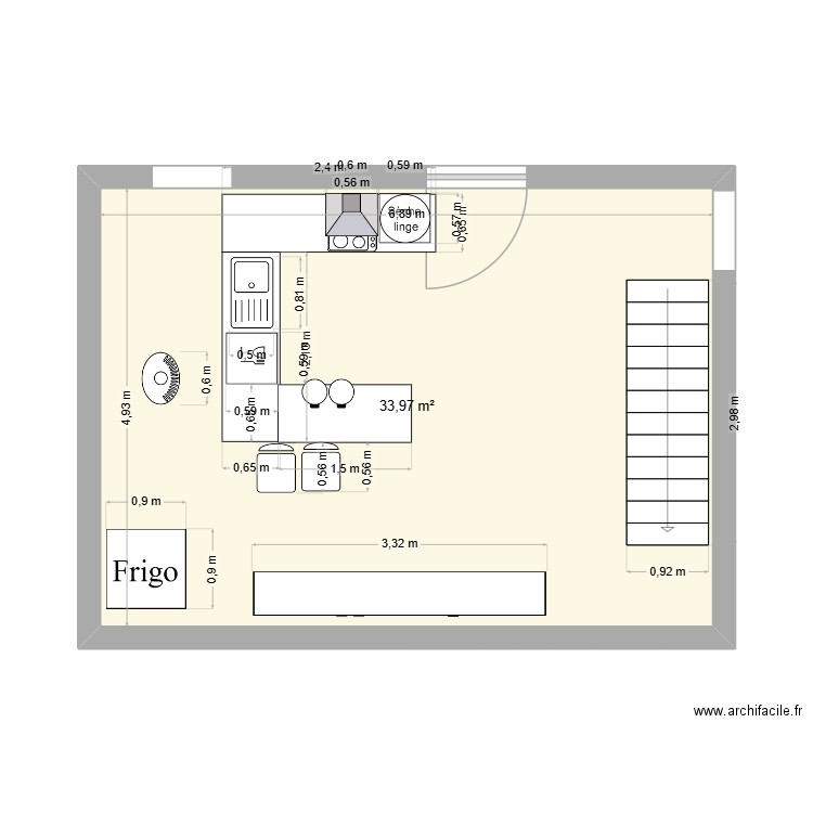 cuisine. Plan de 1 pièce et 34 m2