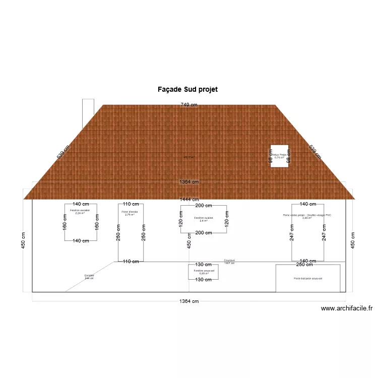 fa&ccedil;ade sud Projet. Plan de 