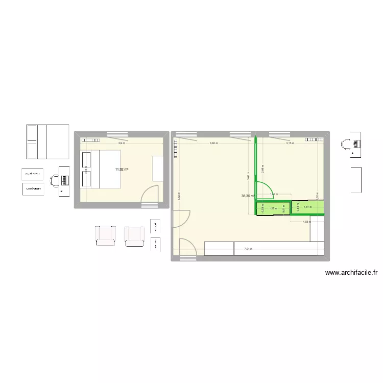 Pi&egrave;ce principale travaux. Plan de 2  et 50 m²