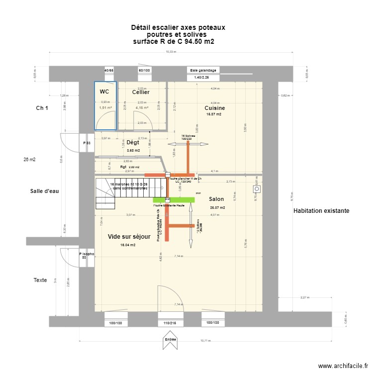 Modifications escalier et fenetres,. Plan de 3 pièces et 69 m2