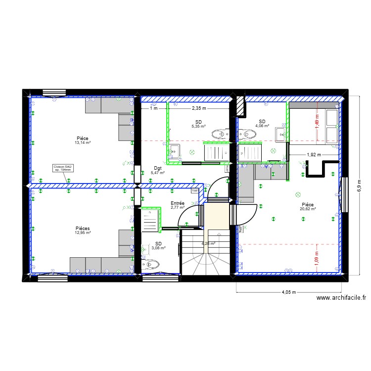 P1.2 PLAN ETAGE 1 ELECTRICITE - PROJET PIERRE CURIE. Plan de 20 pièces et 72 m2