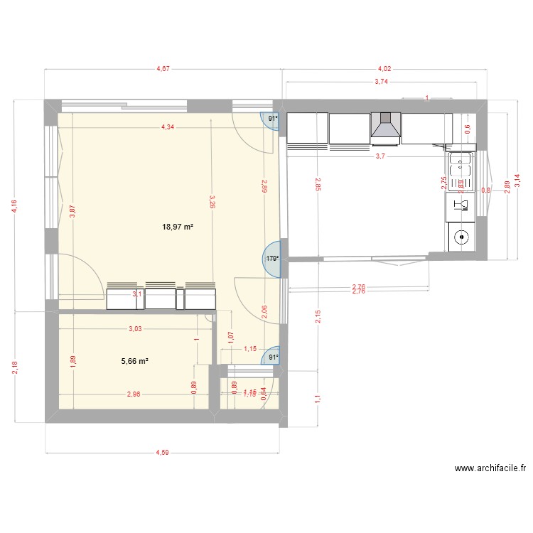 cuisine 1. Plan de 2 pièces et 25 m2