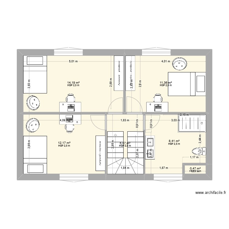 Niveau R+1 - Idée finale. Plan de 6 pièces et 52 m2