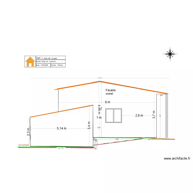 facade ouest chiffr&eacute; Plan de  coupe. Plan de 