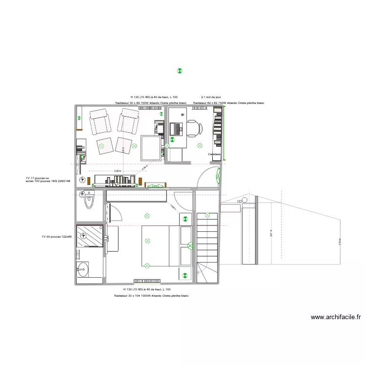 1 fen&ecirc;tre - Salon et chambre fauteuil parall&egrave;le fen&ecirc;tre. Plan de 4  et 37 m²