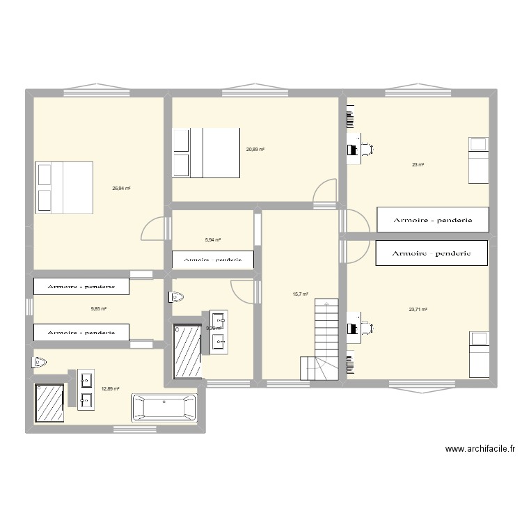 Etage. Plan de 9 pièces et 148 m2