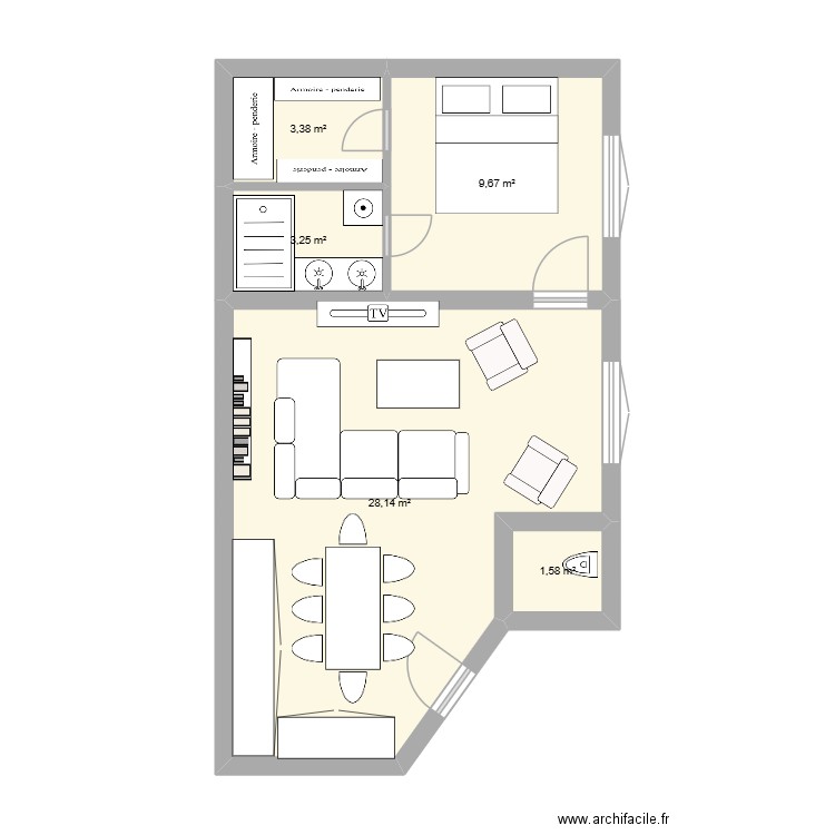 Appart option 2. Plan de 5 pièces et 46 m2