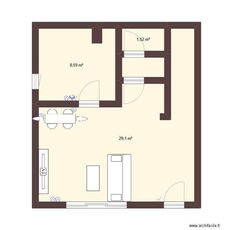 Cuisine réel. Plan de 3 pièces et 39 m2