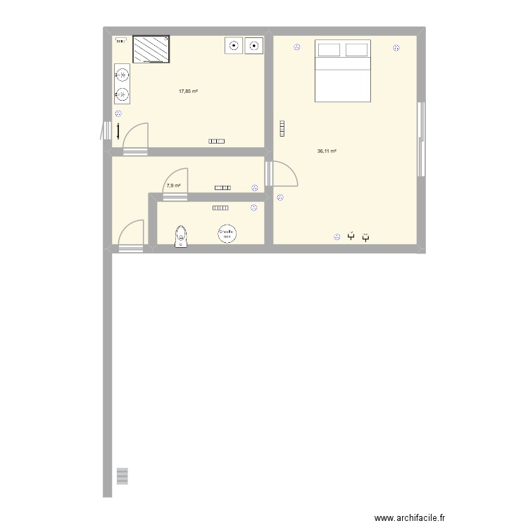 ébauche zone 1. Plan de 3 pièces et 62 m2