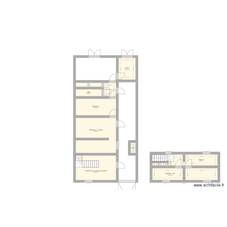V2 _ Maison T3 a diviser en 2. Plan de 11 pièces et 82 m2