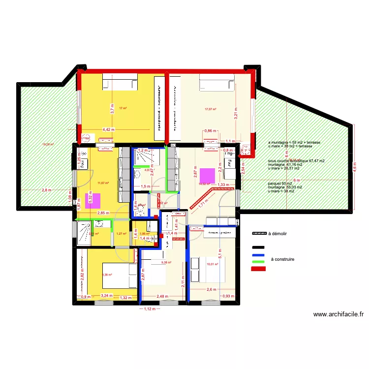 1er &eacute;tage g&icirc;tes salon dans grande extension. Plan de 15  et 150 m²