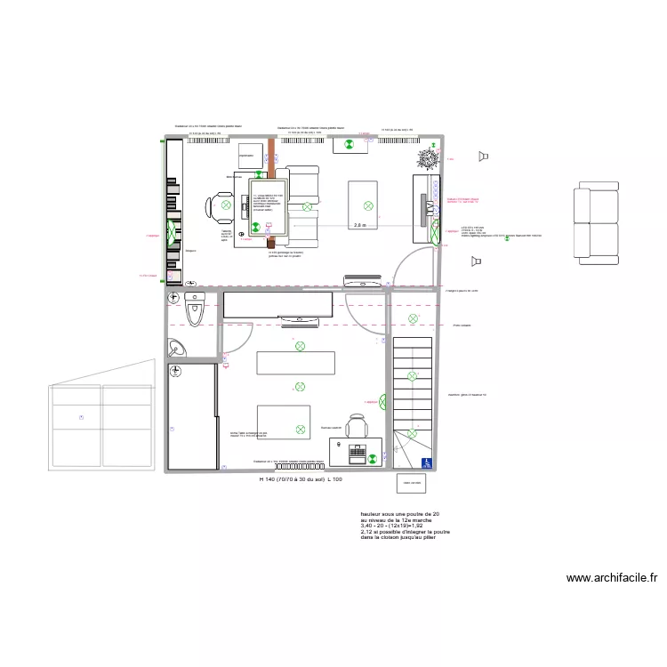 Salon + bureau. Plan de 3  et 38 m²