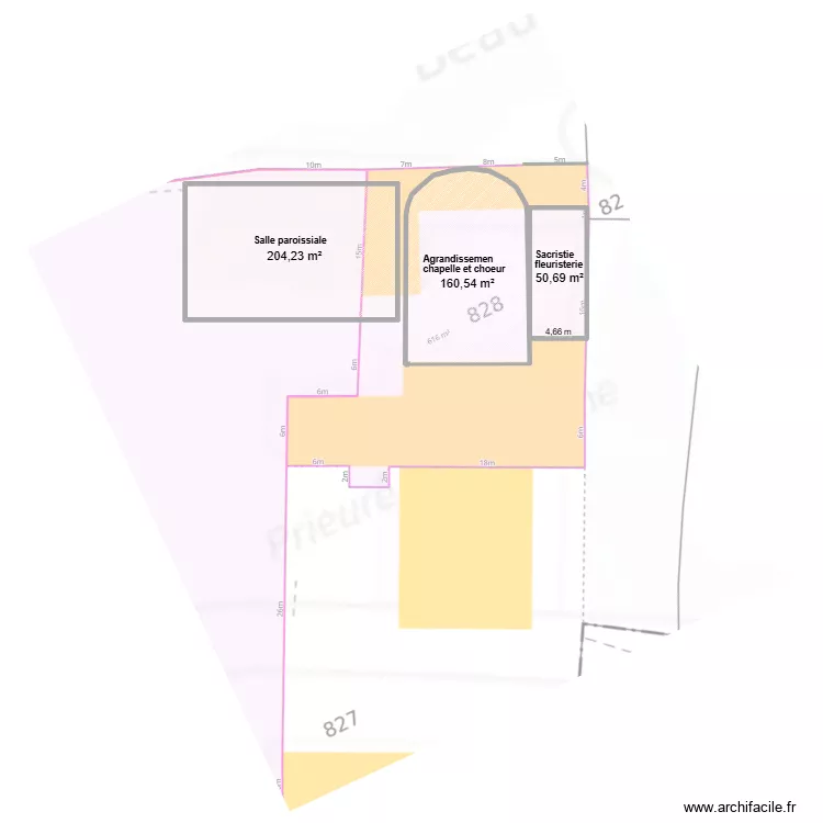22P -Agrandissement chapelle. Plan de 3  et 415 m²