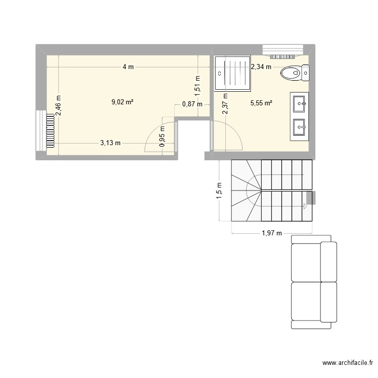 sdeau bas. Plan de 2 pièces et 15 m2