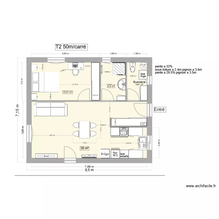 App T2 carre. Plan de 4 pièces et 50 m² App T2 carre. Plan de 4 pièces et 50 m²