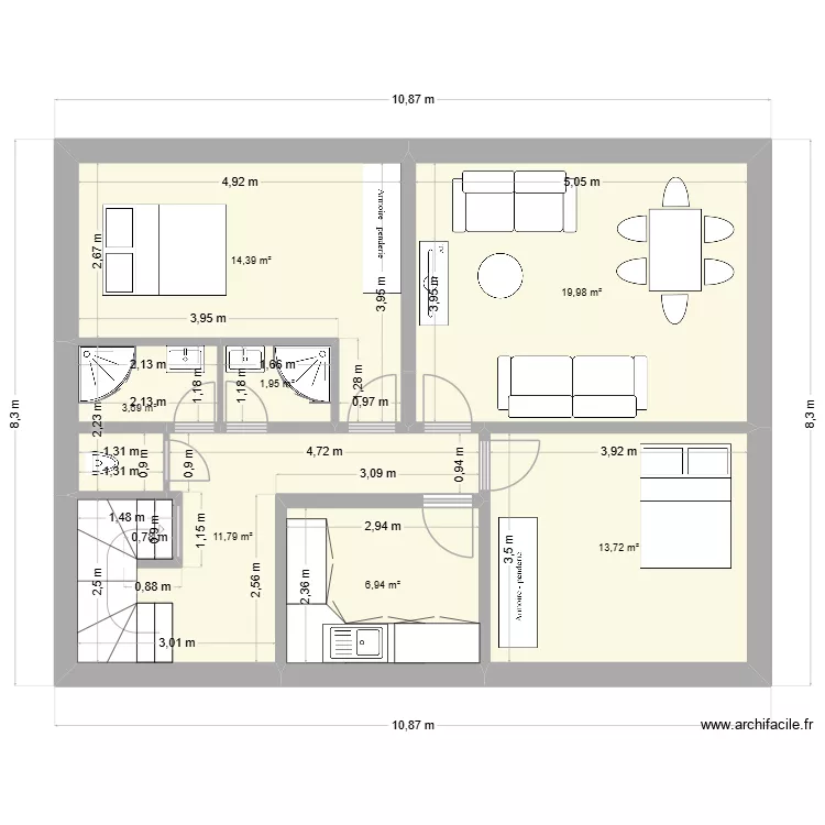 1er et HUSSIGNY coloc sans sanitaires. Plan de 16  et 216 m²