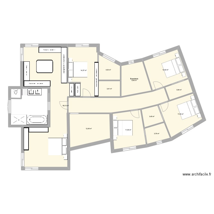Maison44 2eme etage. Plan de 12 pièces et 150 m2