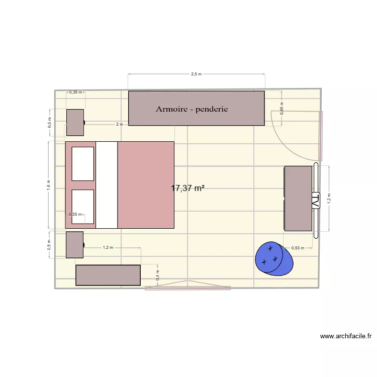 Chambre. Plan de 1 pièce et 17 m²