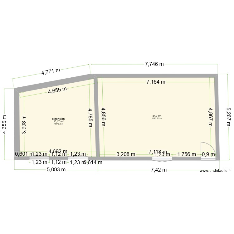 extension monch. Plan de 2 pièces et 55 m2