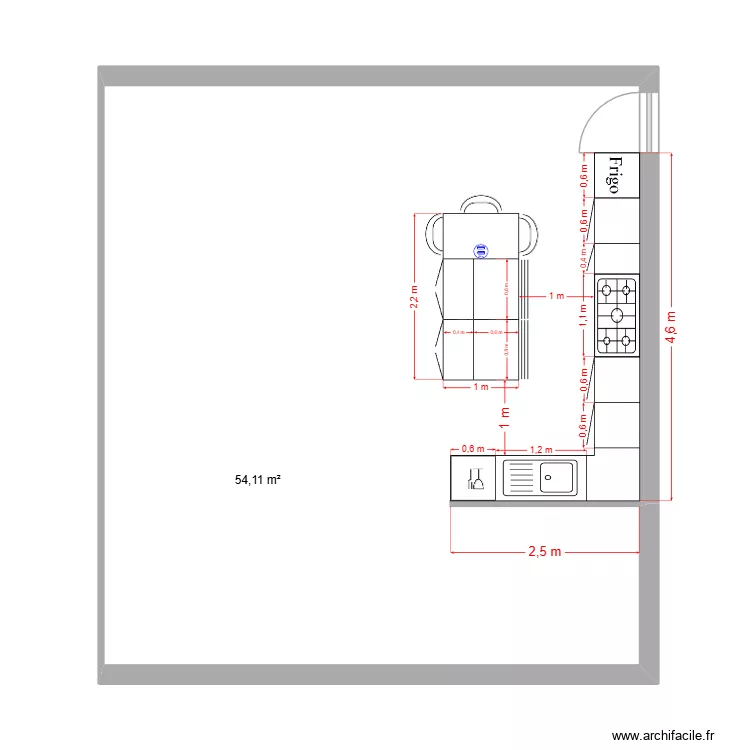 Cuisine Lea et Raph. Plan de 1  et 54 m²