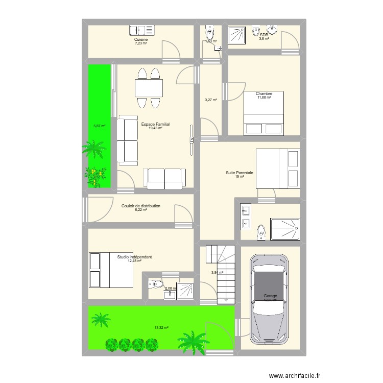 Maison Bam. Plan de 14 pièces et 122 m2