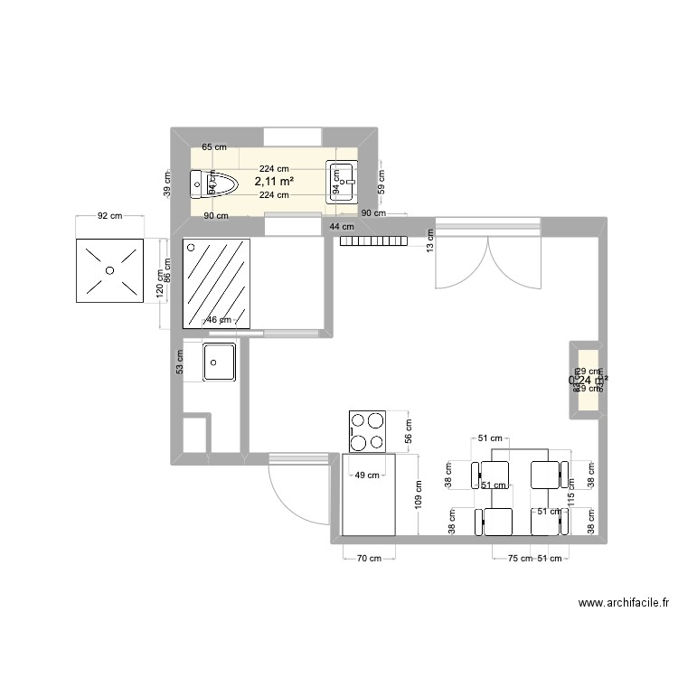 douche jaures 4. Plan de 2 pièces et 2 m2