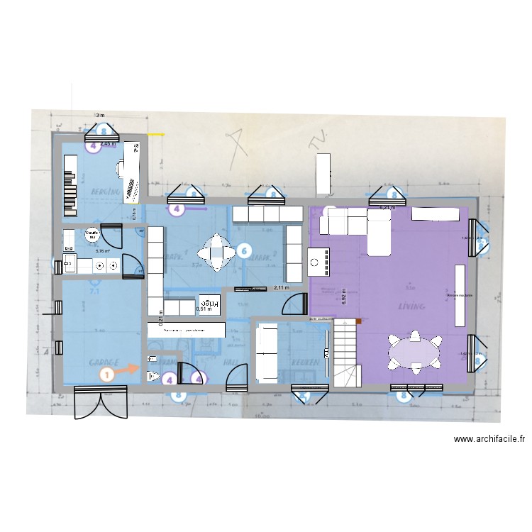 Projet changement cuisine et buanderie avec salle tv. Plan de 7 pièces et 9 m2