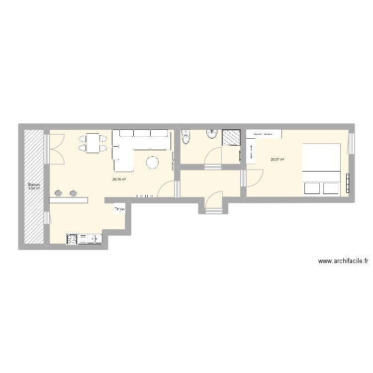 Appart T2 St Denis meublé. Plan de 3 pièces et 55 m2