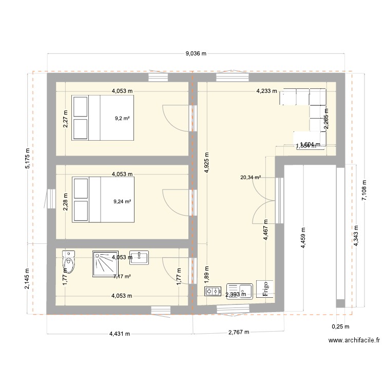 miompy. Plan de 4 pièces et 46 m2