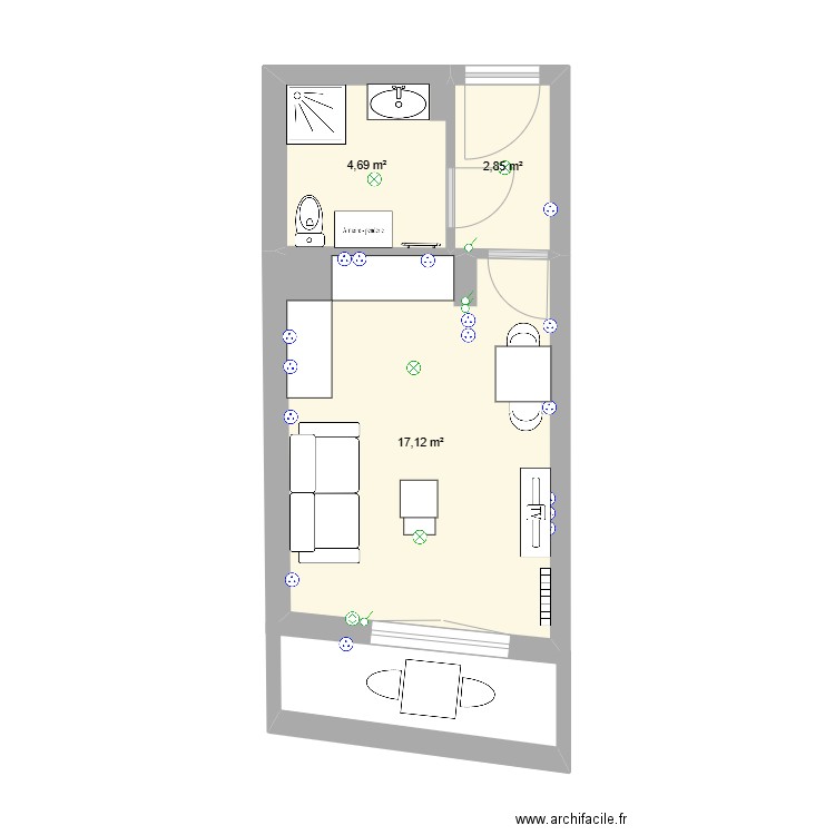 Plan T1 Cessole. Plan de 3 pièces et 25 m2