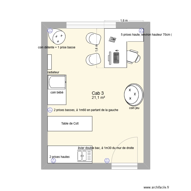 cab. Plan de 1 pièce et 21 m2