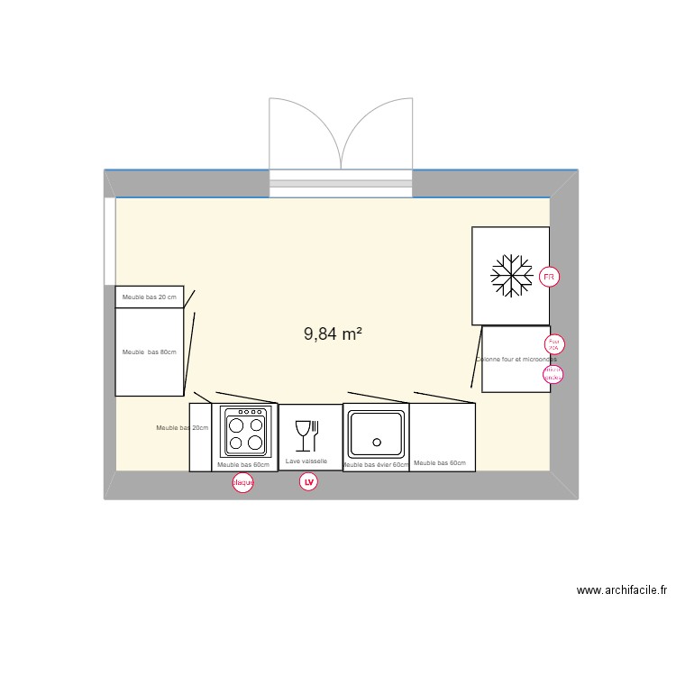 cuisine meubles bas . Plan de 1 pièce et 10 m2