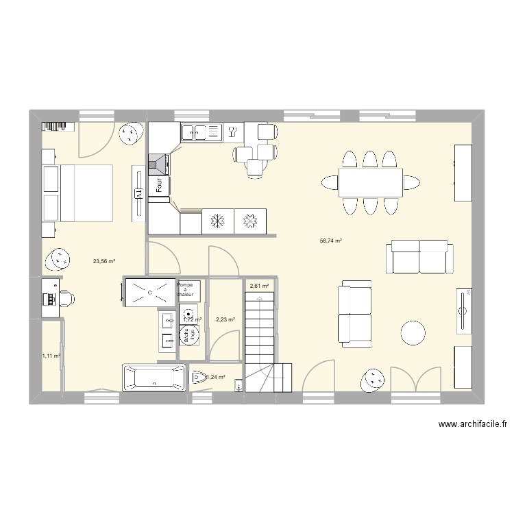 Zeb rdc avec baignoire. Plan de 7 pièces et 89 m2