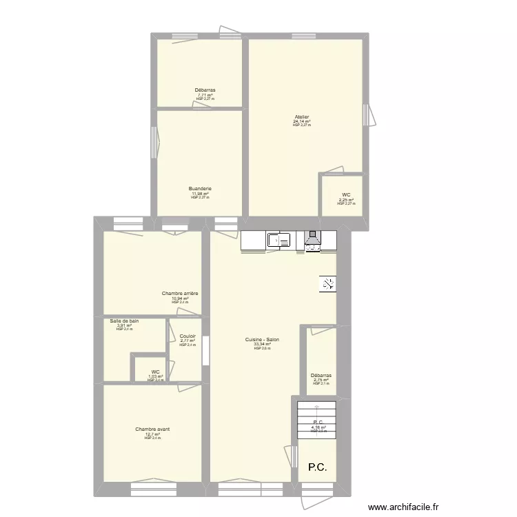 Plan Appart n&deg; 1 _RDC_Cuisine2xxx. Plan de 12  et 118 m²