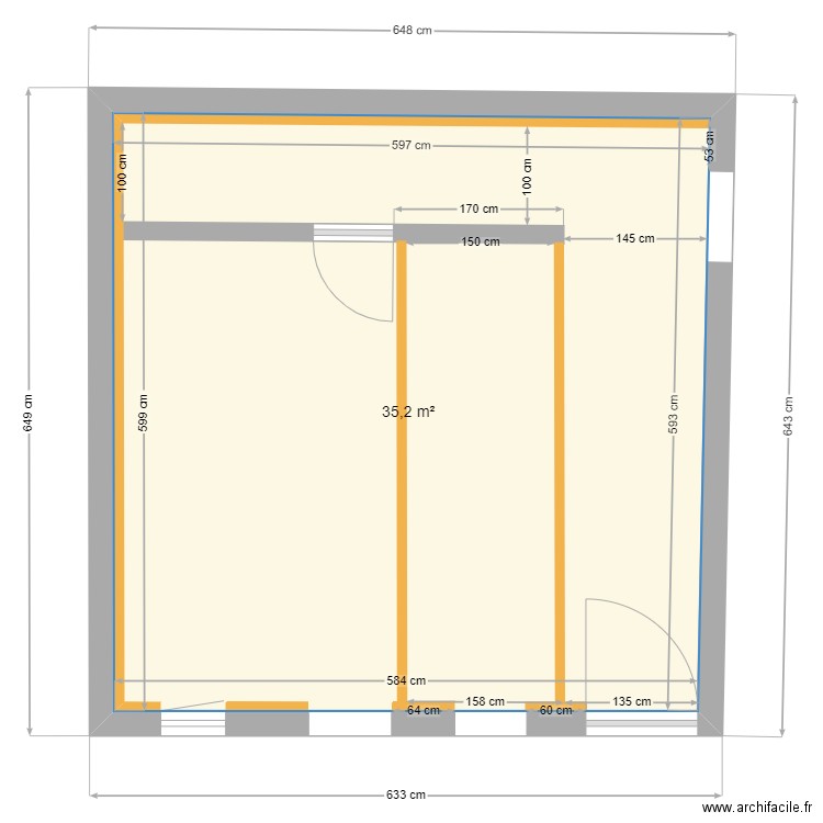 côté nuit. Plan de 1 pièce et 35 m2