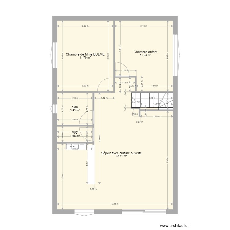 BULME. Plan de 5 pièces et 63 m2