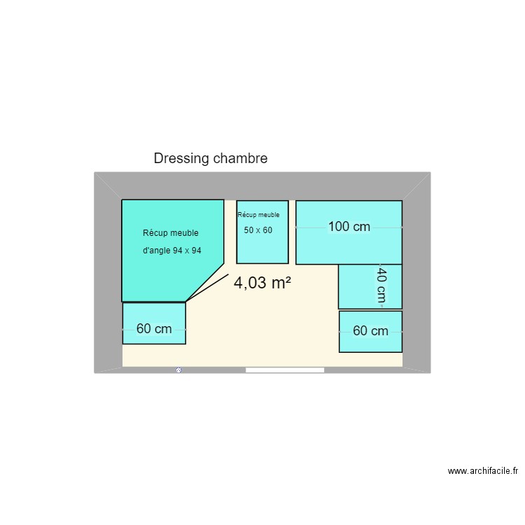 dressing chambre meublé V2. Plan de 1 pièce et 4 m2