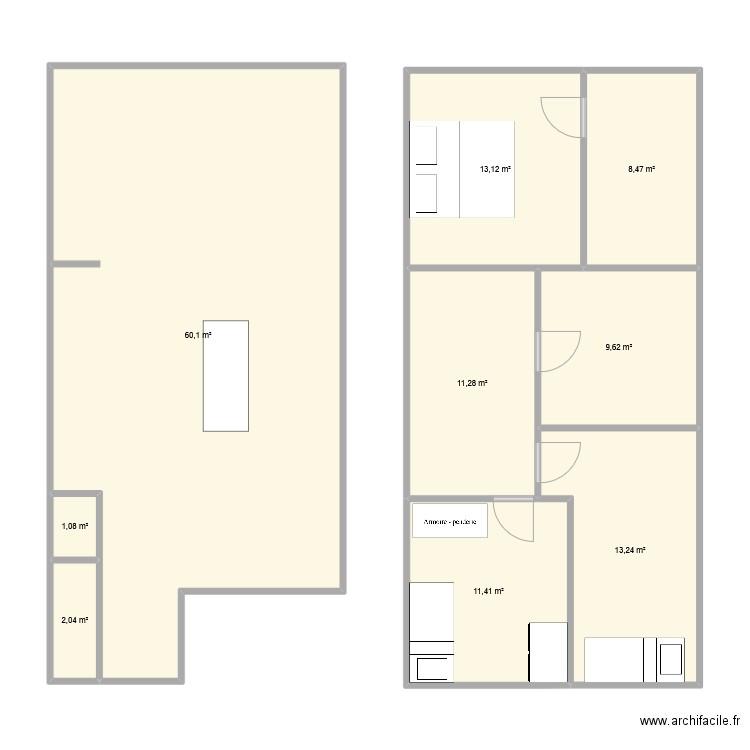 chambre enfants. Plan de 6 pièces et 76 m2