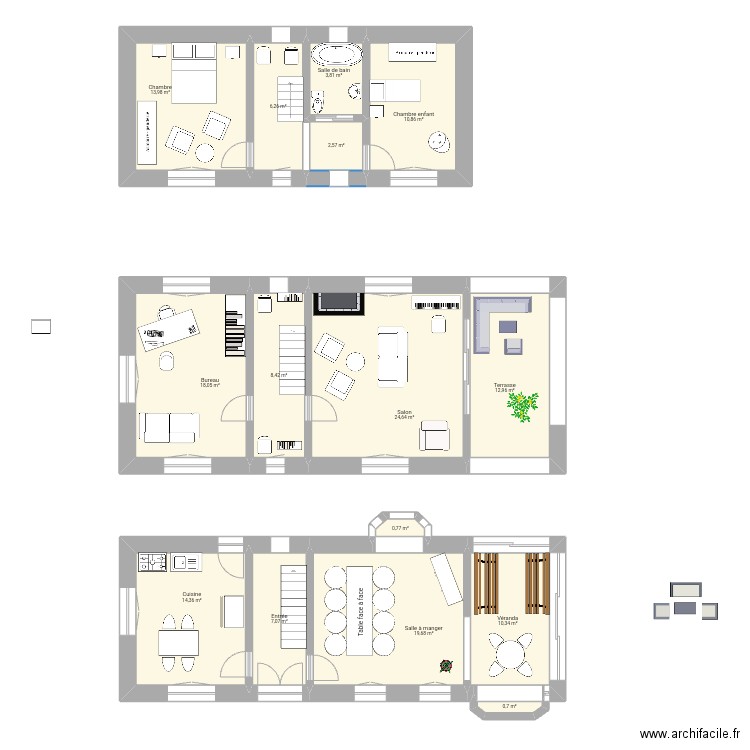 Maison poupée . Plan de 15 pièces et 154 m2